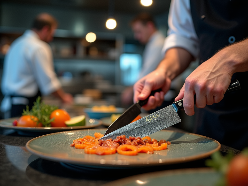 Szef kuchni sieka pomidory na profesjonalnej kuchni restauracji, nieostry tło z pracującymi kucharzami.