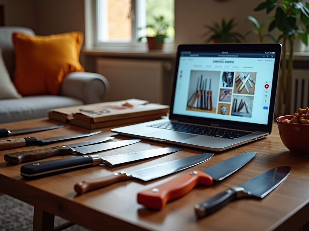 Laptop na stole wyświetlający stronę internetową z nożami kuchennymi, obok różne noże na drewnianym blacie.