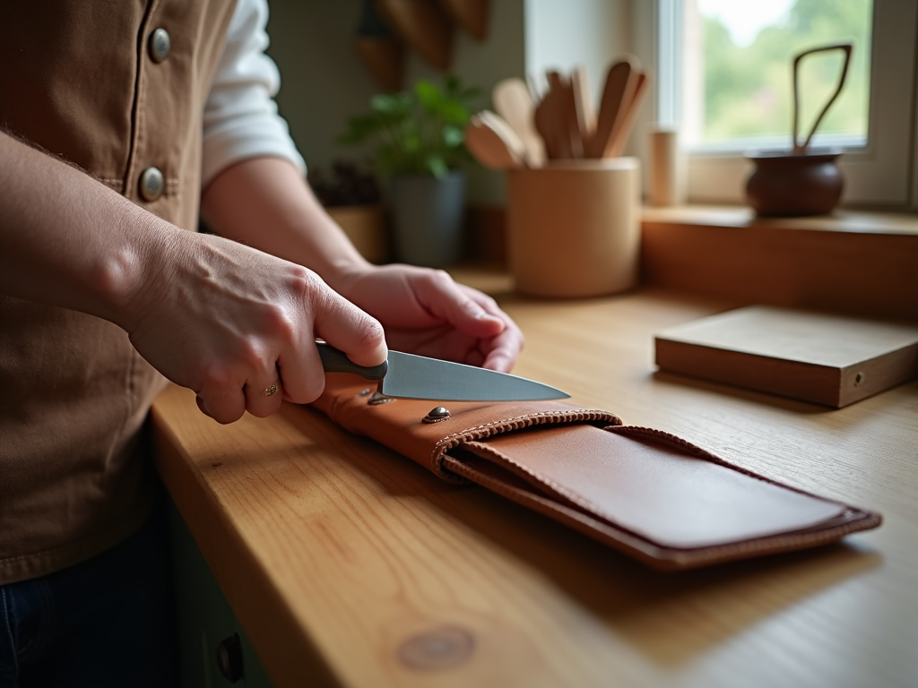 Osoba wkłada telefon do brązowego skórzanego etui na drewnianym stole w kuchni.